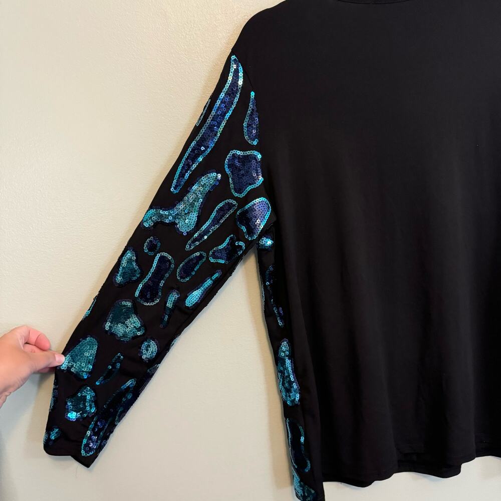 Joan Boyce Blouse Womens XL Black Blue Sequin Embellished Evening Comfy Stretch - Picture 4 of 6